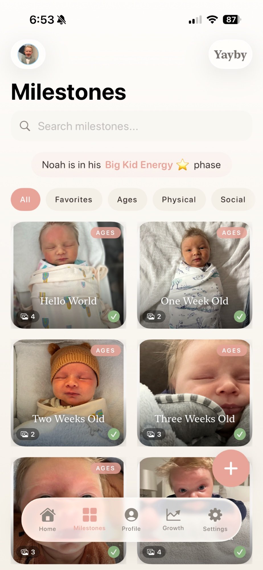 Yayby milestones grid view on iPhone